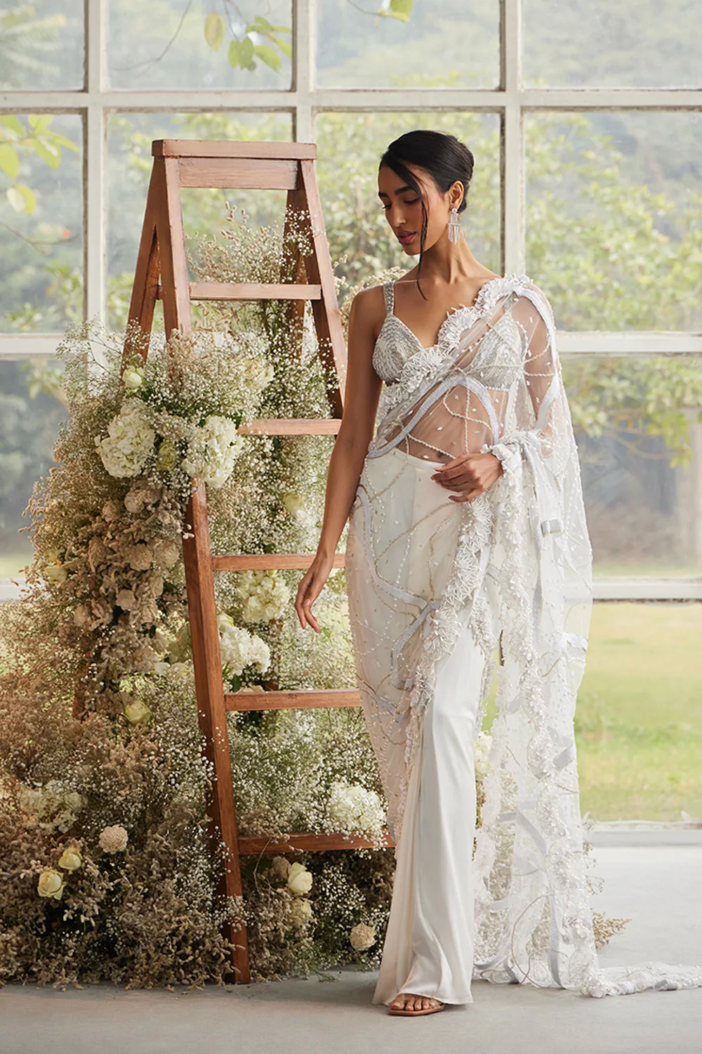 Ecru Pearlescent Scallop Sari with Beaded Blouse