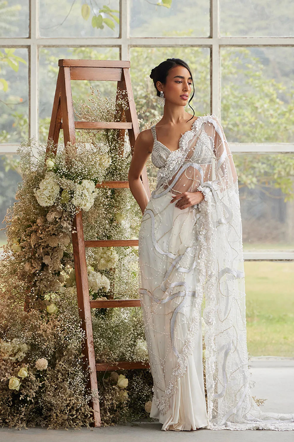 Ecru Pearlescent Scallop Sari with Beaded Blouse