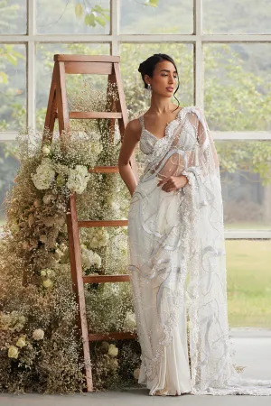 Ecru Pearlescent Scallop Sari with Beaded Blouse
