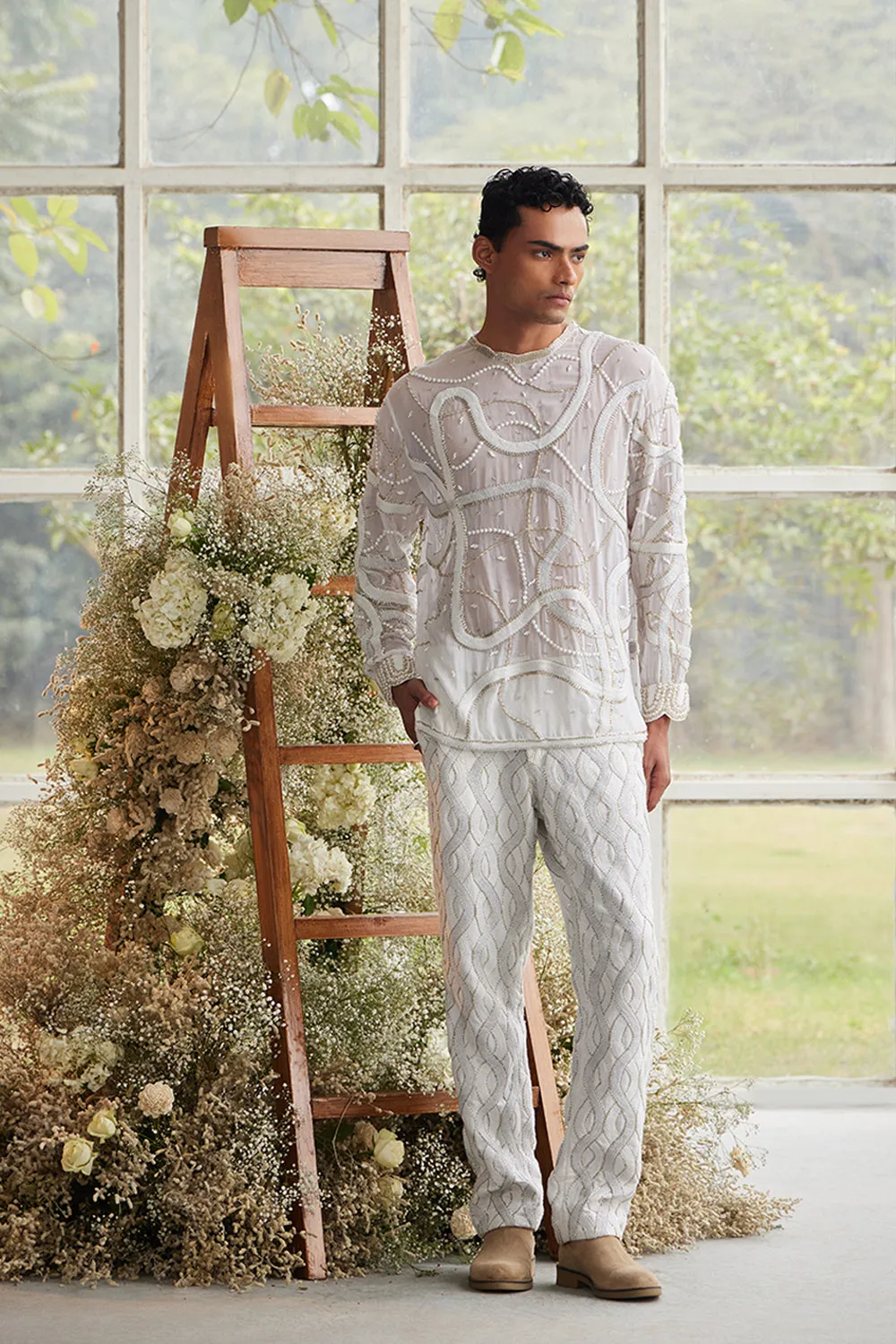 Ecru Swirl Sheer Jumper with Embroidered Knit Pants