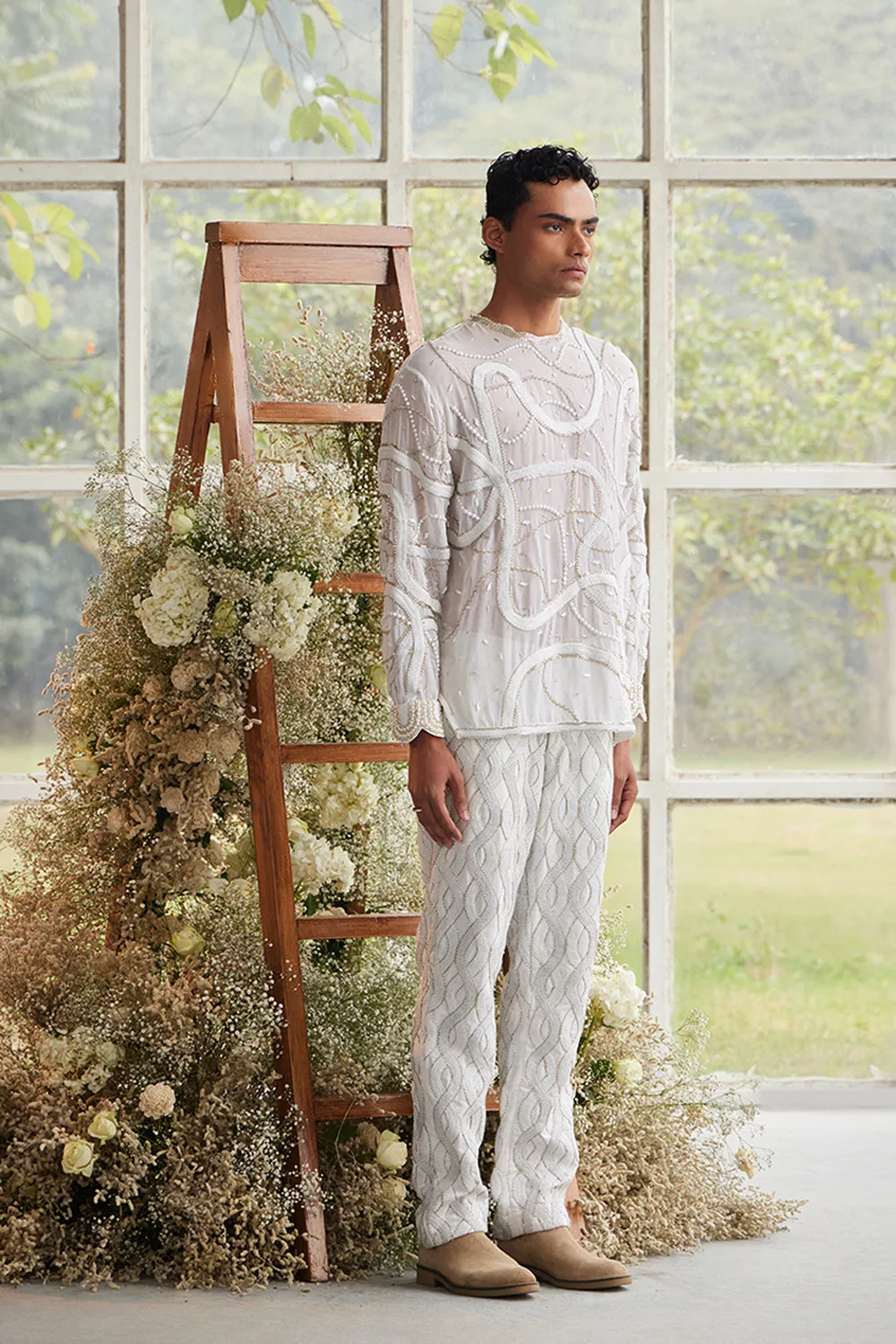Ecru Swirl Sheer Jumper with Embroidered Knit Pants