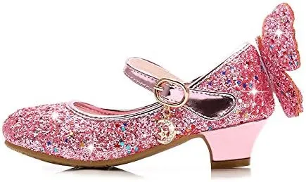 Girls Dress Shoes Wedding Party High Heel Mary Jane Sequined Heel Bow Princess Shoes
