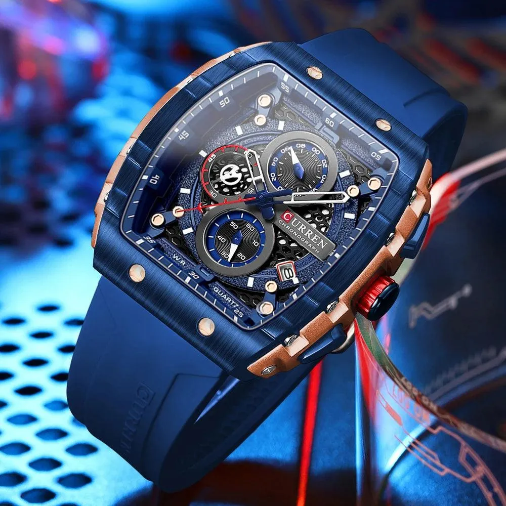 Mens Unique Square Sports Watch Waterproof Quartz Wristwatch with Chronograph
