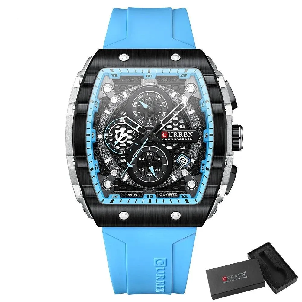 Mens Unique Square Sports Watch Waterproof Quartz Wristwatch with Chronograph