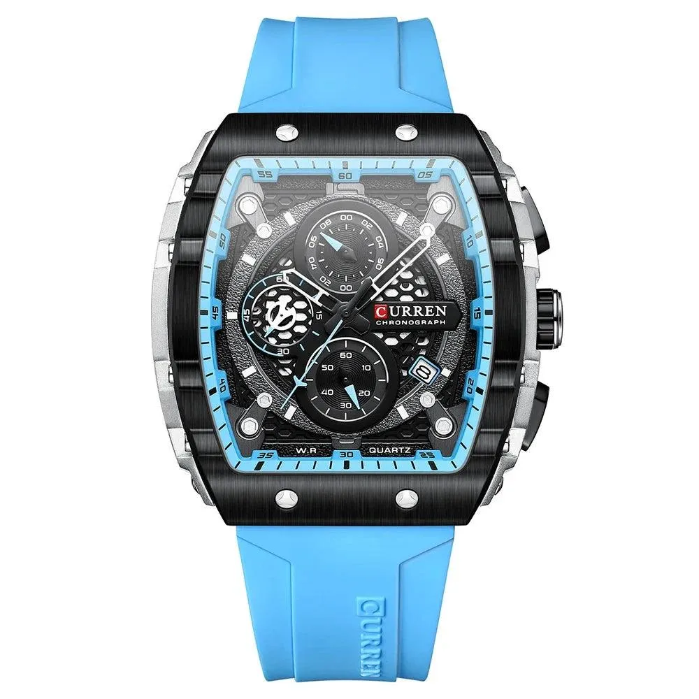 Mens Unique Square Sports Watch Waterproof Quartz Wristwatch with Chronograph