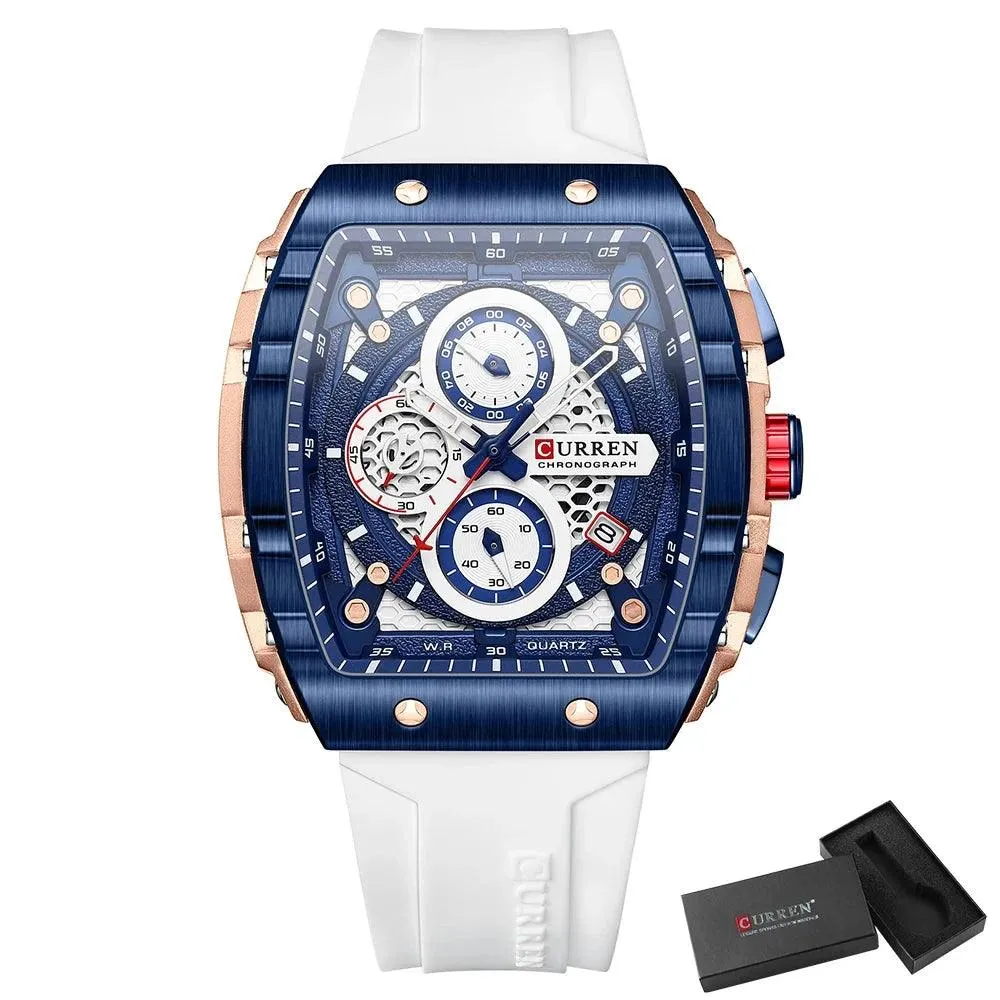 Mens Unique Square Sports Watch Waterproof Quartz Wristwatch with Chronograph
