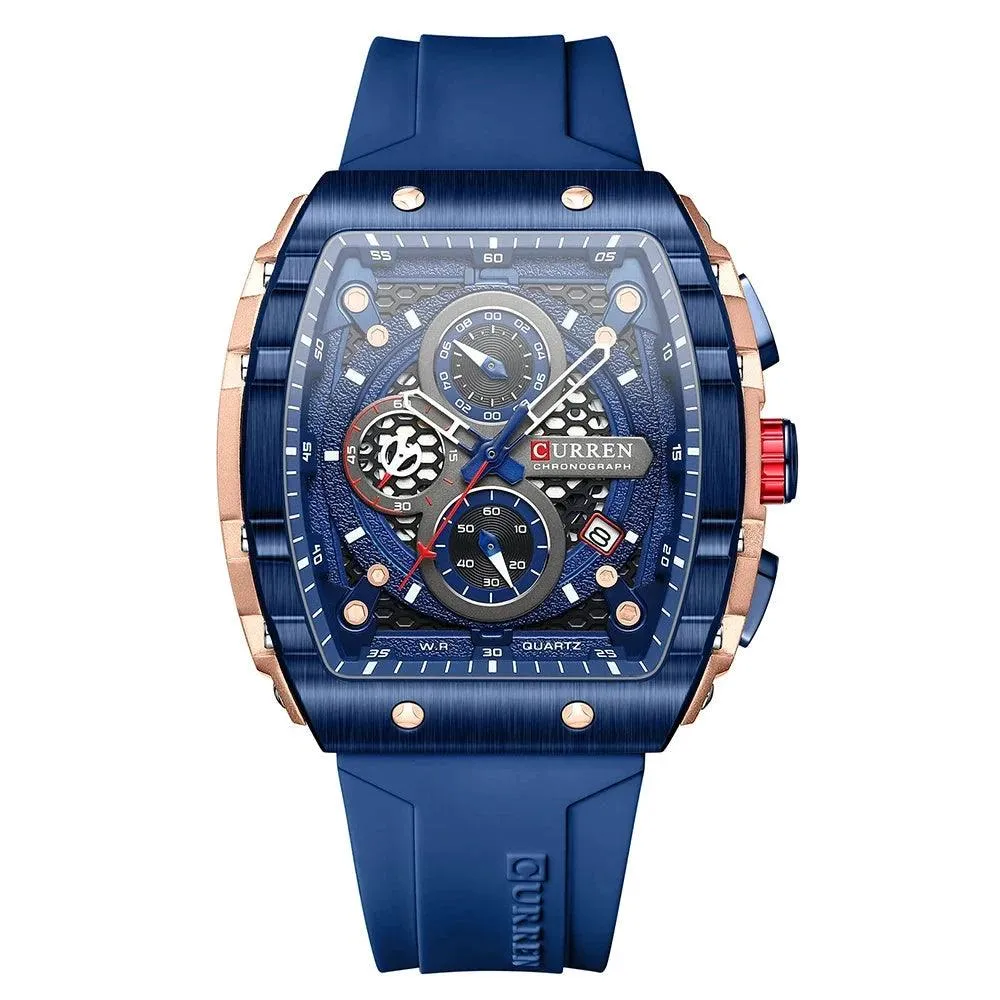 Mens Unique Square Sports Watch Waterproof Quartz Wristwatch with Chronograph