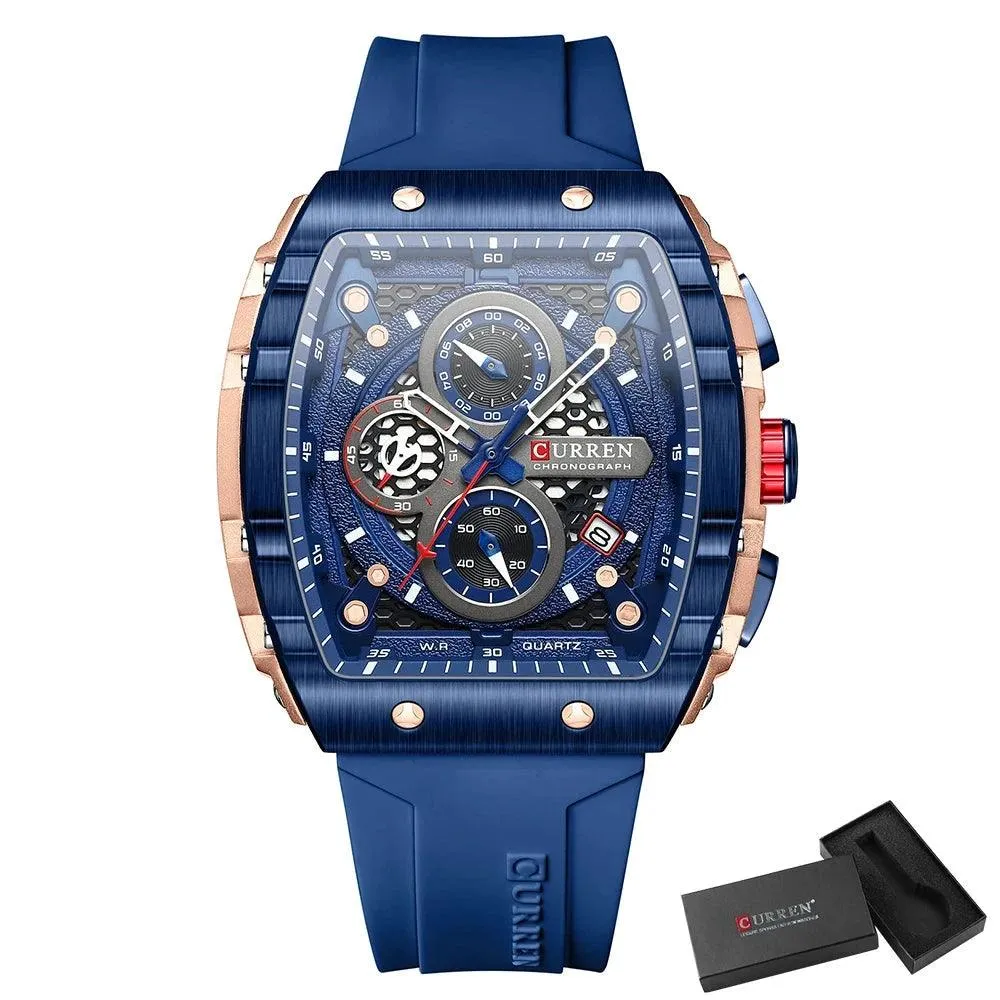 Mens Unique Square Sports Watch Waterproof Quartz Wristwatch with Chronograph