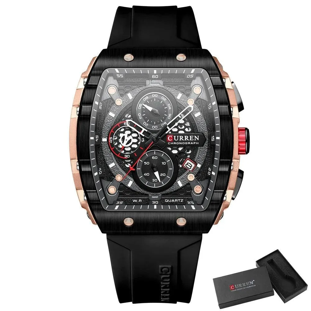 Mens Unique Square Sports Watch Waterproof Quartz Wristwatch with Chronograph