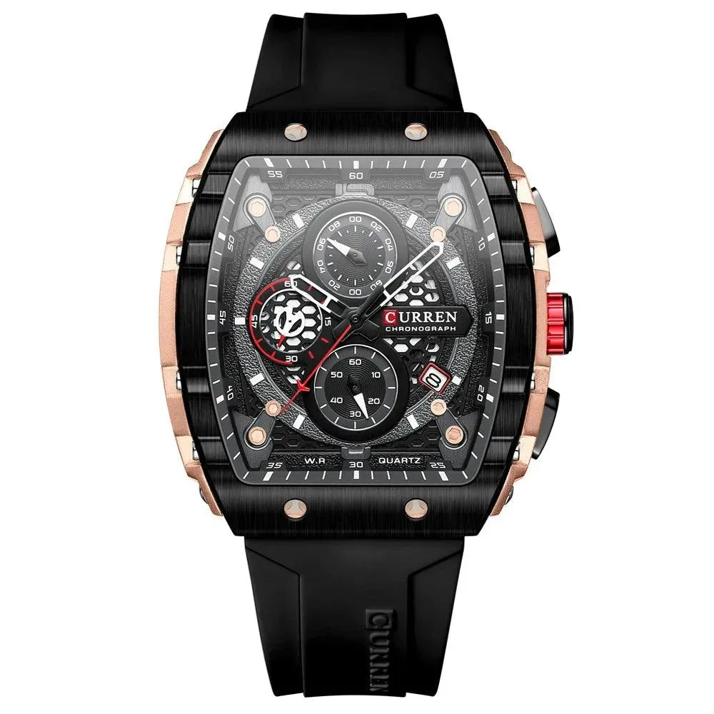 Mens Unique Square Sports Watch Waterproof Quartz Wristwatch with Chronograph