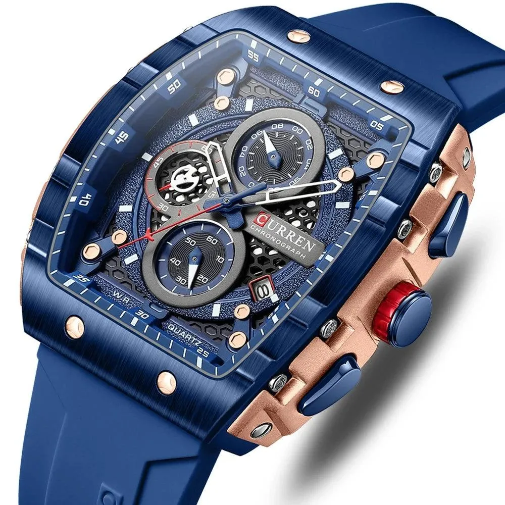Mens Unique Square Sports Watch Waterproof Quartz Wristwatch with Chronograph