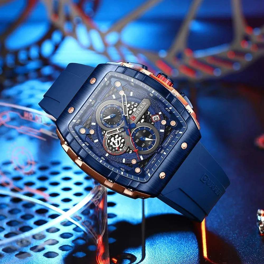 Mens Unique Square Sports Watch Waterproof Quartz Wristwatch with Chronograph