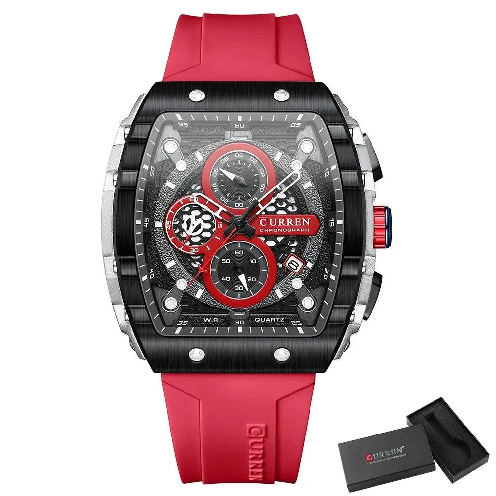 Mens Unique Square Sports Watch Waterproof Quartz Wristwatch with Chronograph