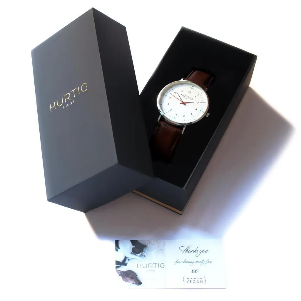 Moderno Vegan Leather Watch Silver, White & Chestnut