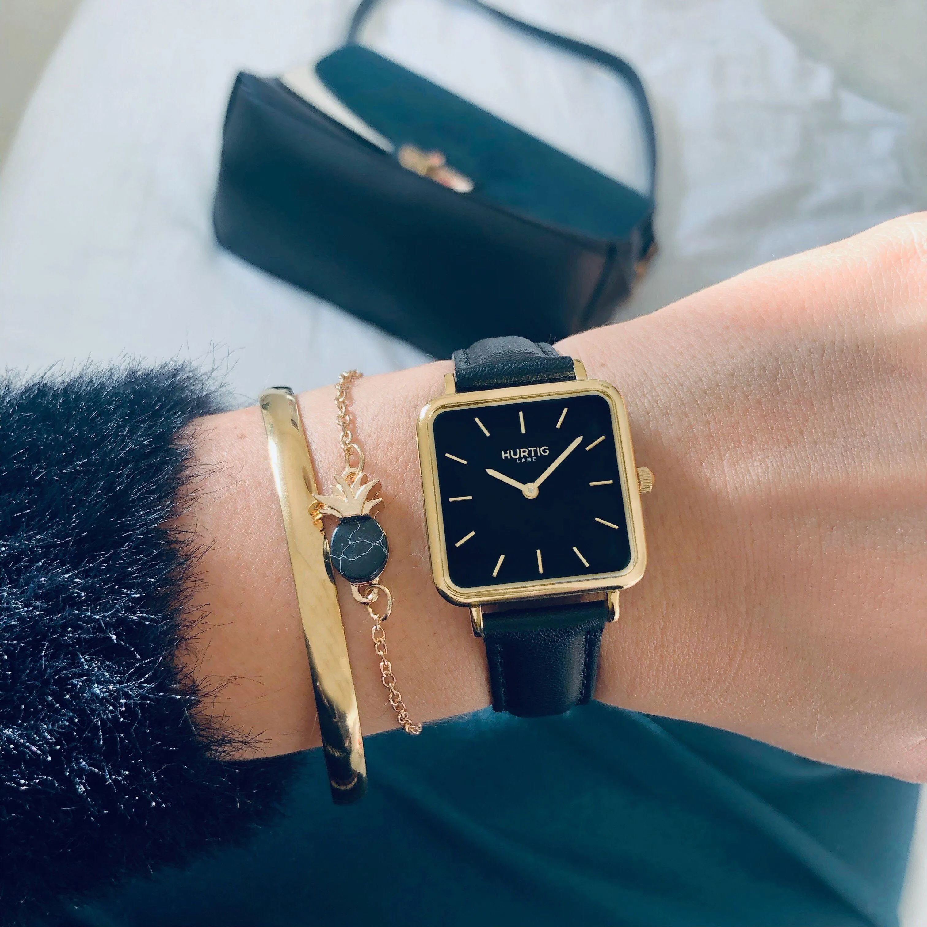 Neliö Square CACTUS Leather Watch Gold, Black & Black