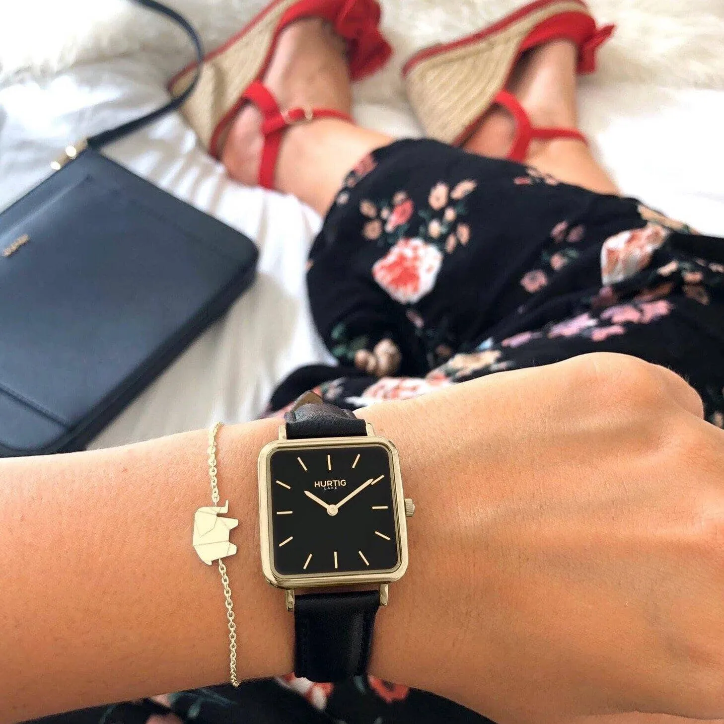 Neliö Square CACTUS Leather Watch Gold, Black & Black