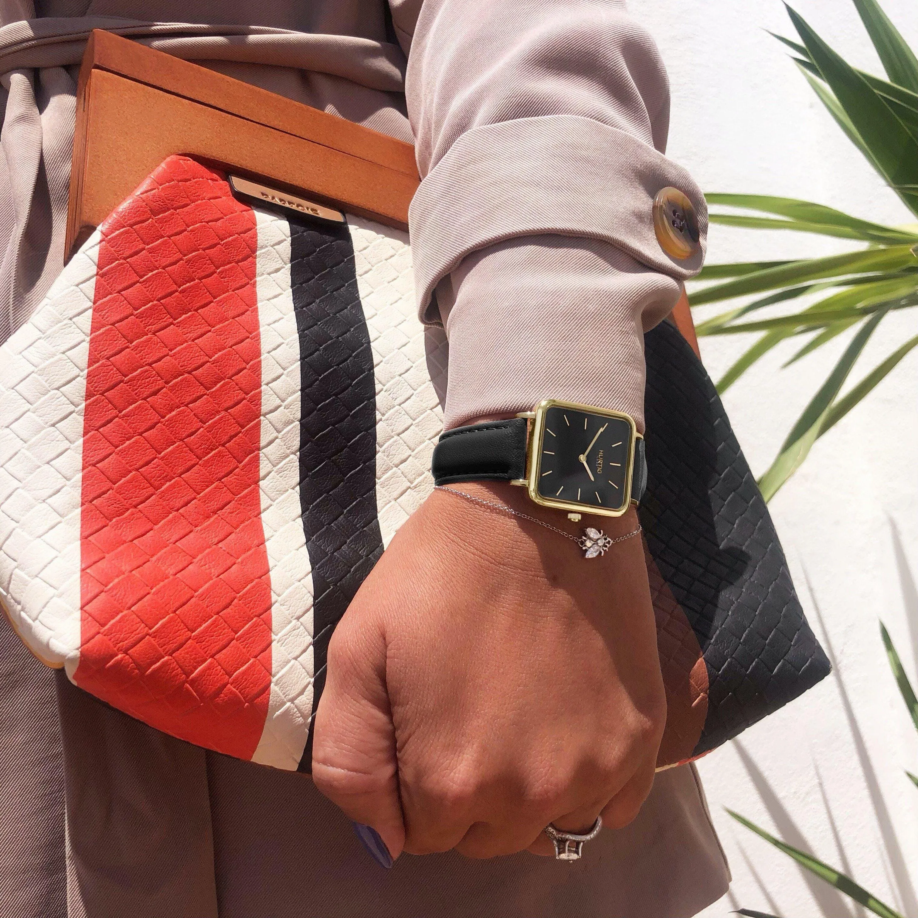Neliö Square CACTUS Leather Watch Gold, Black & Black