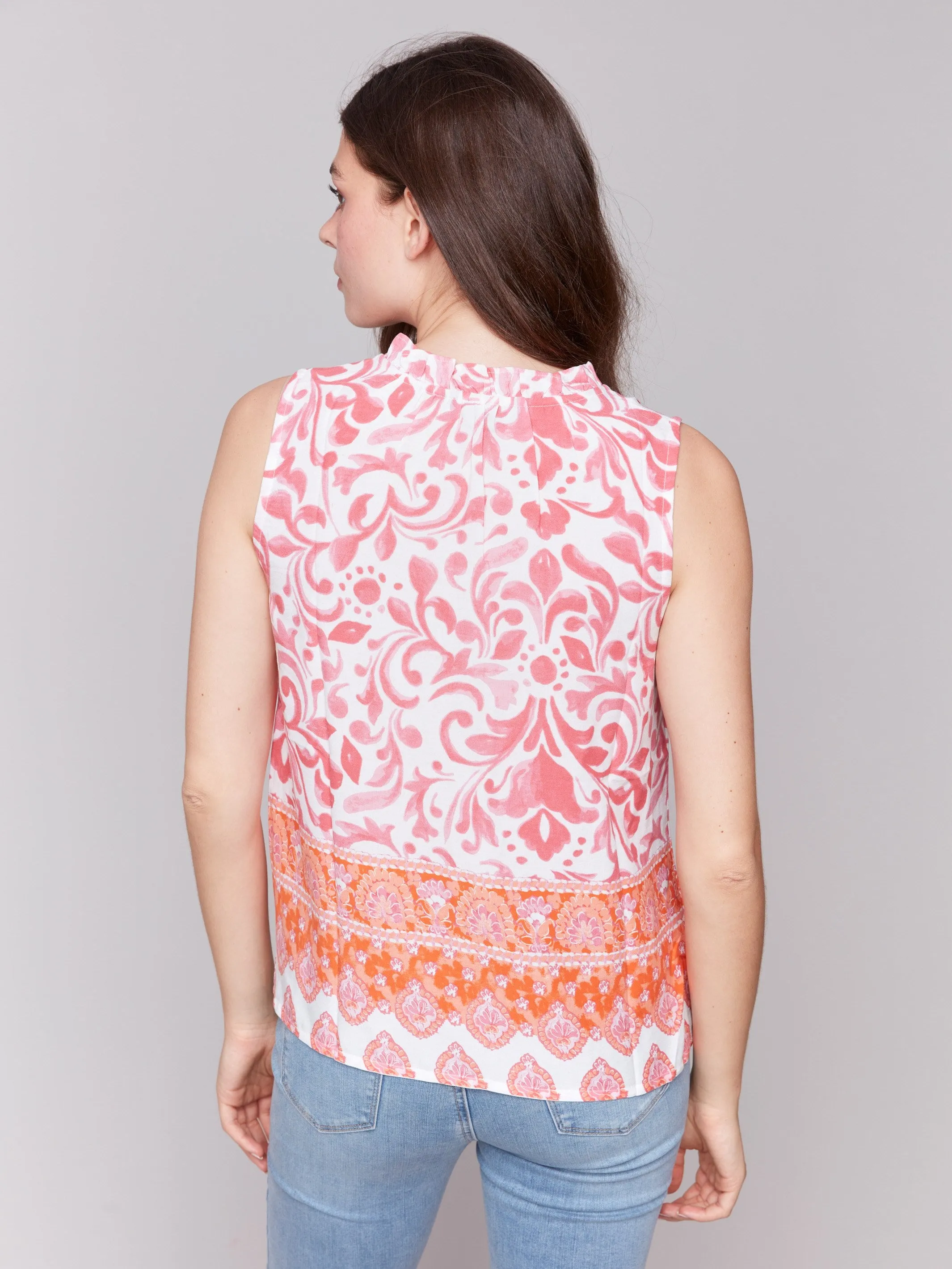 Printed Sleeveless Ruffle Neck Top - Clementine