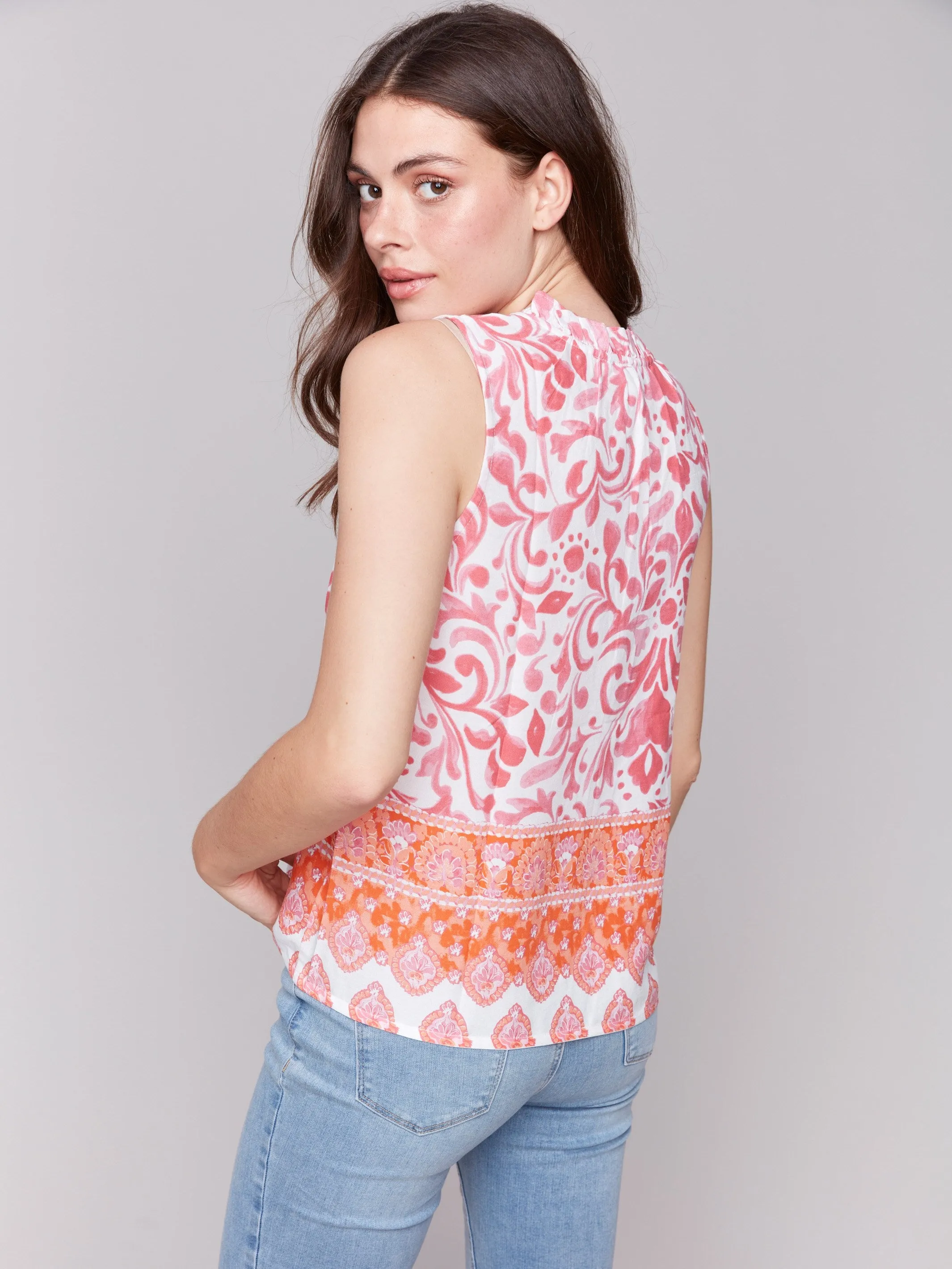 Printed Sleeveless Ruffle Neck Top - Clementine