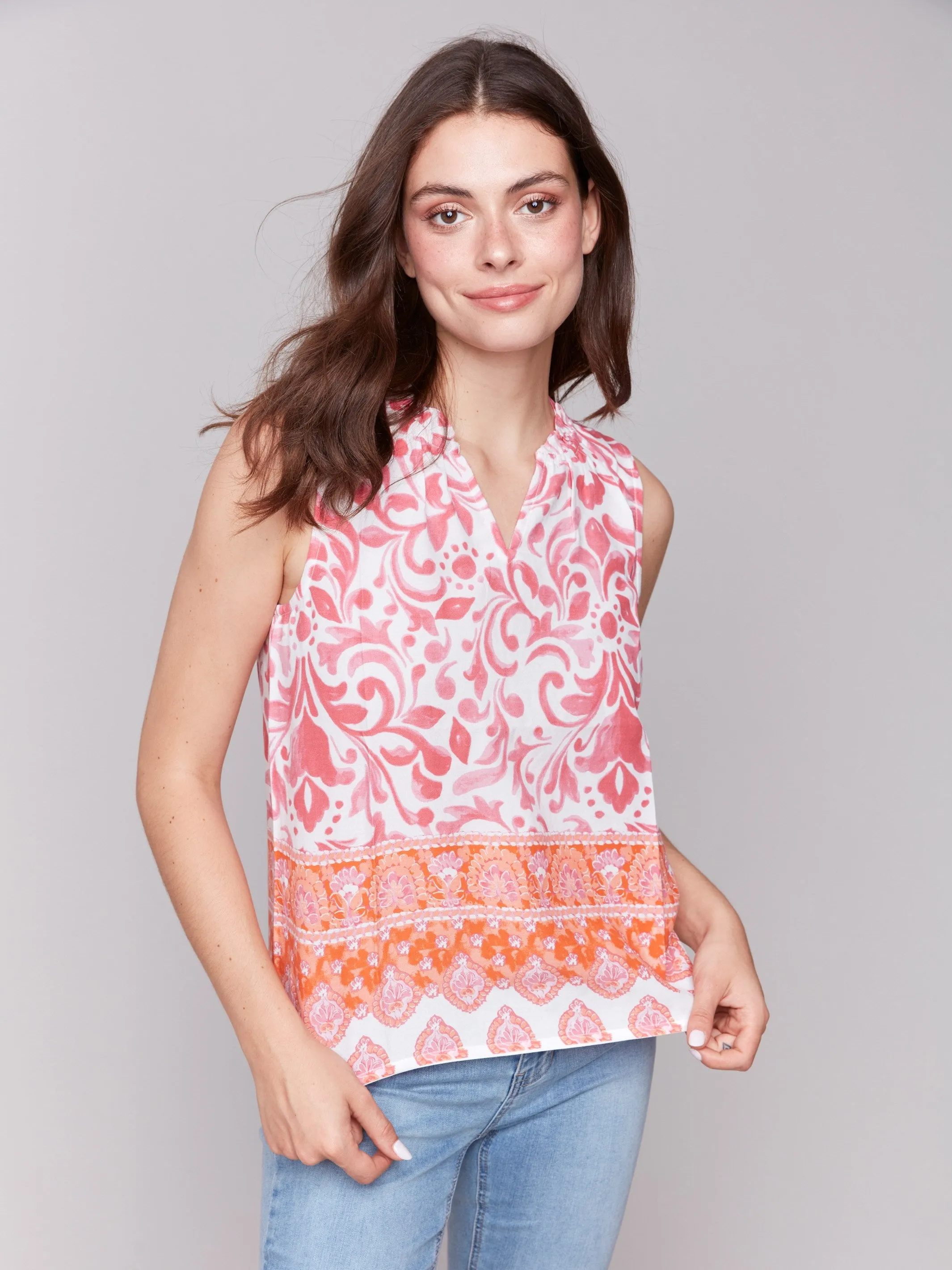 Printed Sleeveless Ruffle Neck Top - Clementine