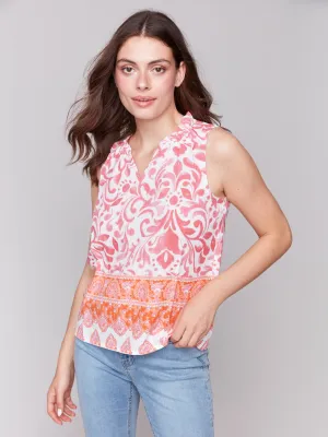 Printed Sleeveless Ruffle Neck Top - Clementine