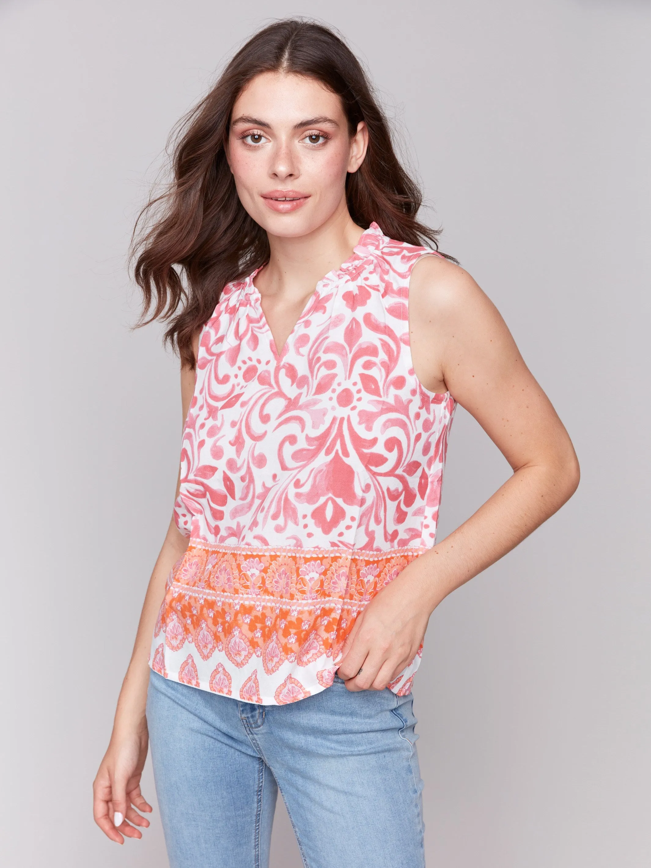 Printed Sleeveless Ruffle Neck Top - Clementine