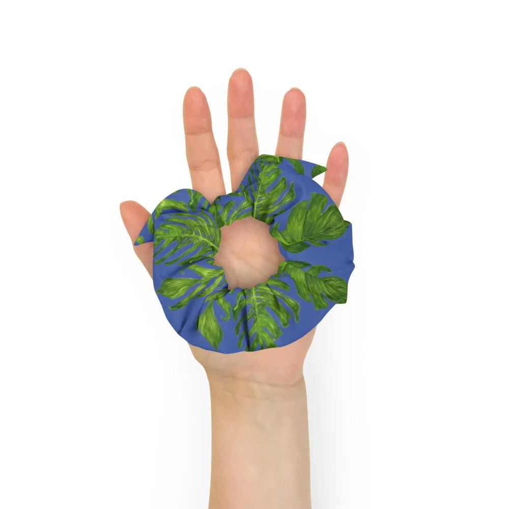 Purple Tropical Leaf Scrunchie, Hawaiian Style Tropical Leaves Print Hair Tie Accessories - Made in  USA/EU