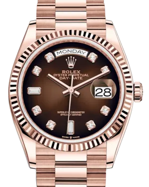 Rolex Day-Date 36 Rose Gold Brown Ombre Diamond Dial & Fluted Bezel President Bracelet 128235