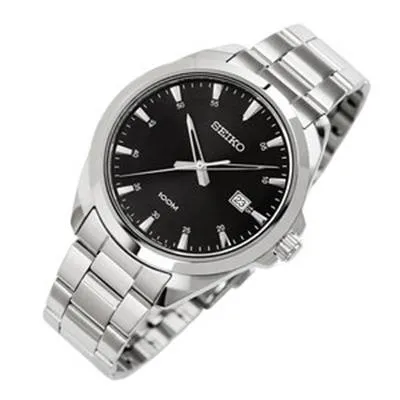 Seiko Mens Black & Silver Watch SUR209P