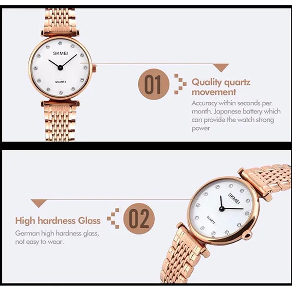 SKMEI Womens Elegant Fashion Watch w Rhinestones, 30M Waterproof