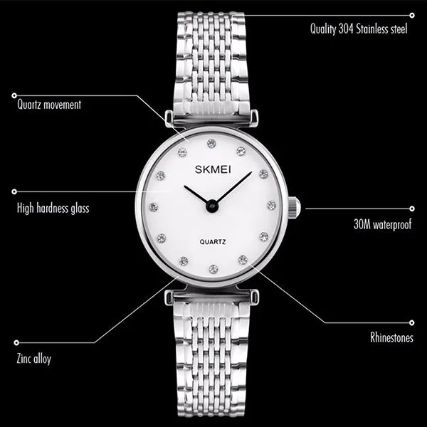 SKMEI Womens Elegant Fashion Watch w Rhinestones, 30M Waterproof