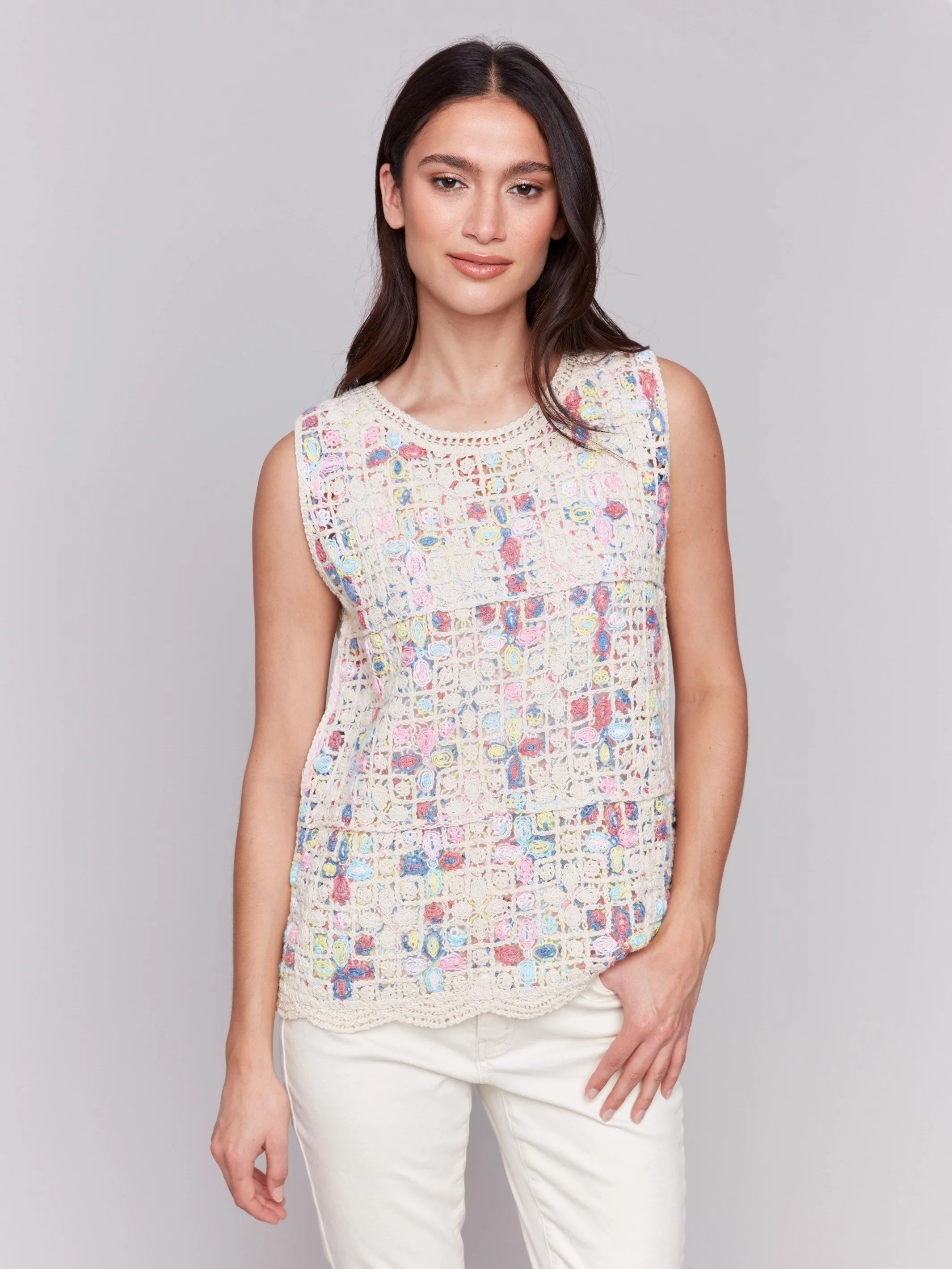 Sleeveless Crochet Crew Neck Top - Natural