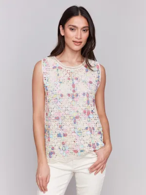 Sleeveless Crochet Crew Neck Top - Natural