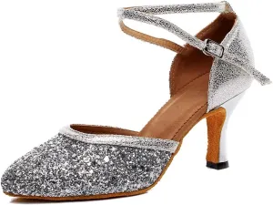 TDA Women's Cross Strap Flared Heel Glitter Sequins Social Tango Ballroom Modern Latin Dance Shoes