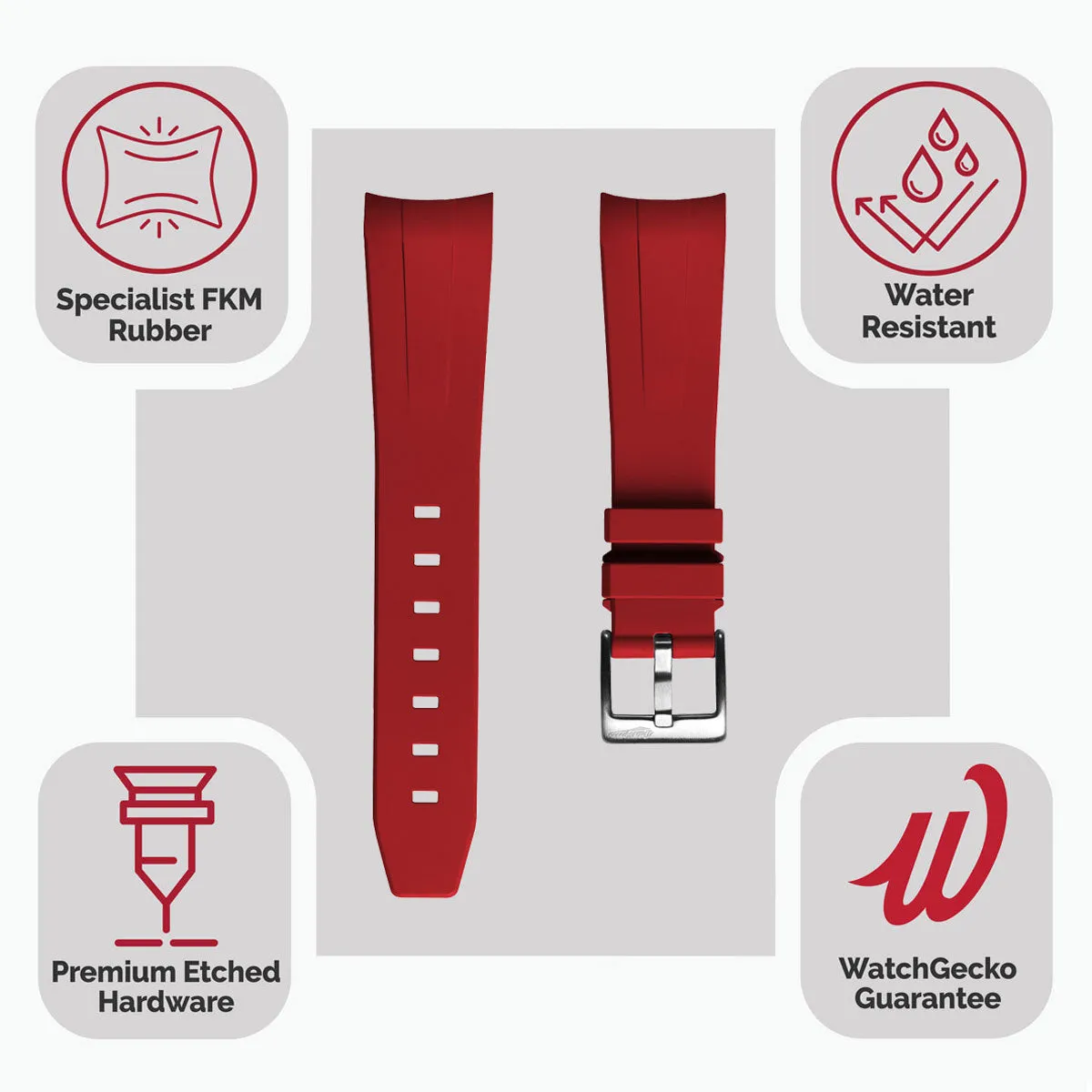 WatchGecko Curved Ends Rubber Watch Strap - Red