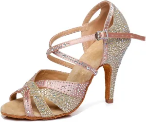 Women's Sparkle Rhinestones Peep Toe Satin Ballroom Modern Tango Party Wedding Performence Professional Dance Shoes