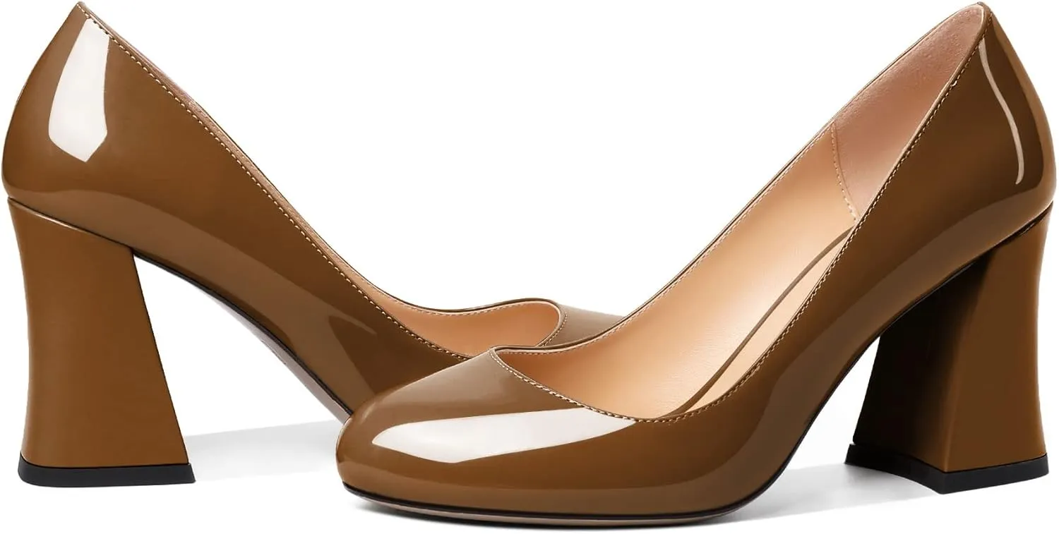 Zamikoo Women Chunky Heel Pumps Block High Heel Slip On Closed Round Toe Dress Pumps for Work Casual Daily Life Party Dress